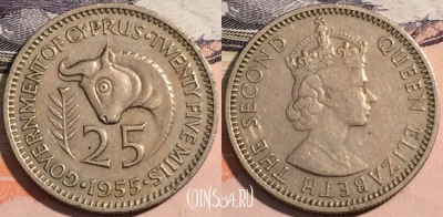 Кипр британский 25 милс 1955 года, KM# 34, a141-137