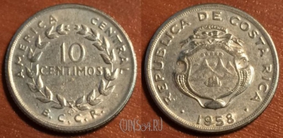 Коста-Рика 10 сентимо 1958 года, KM# 185.1a, 42-037