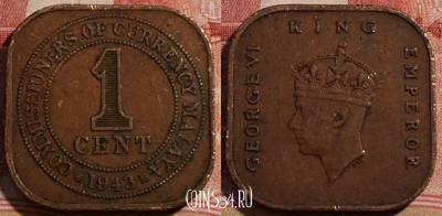 Малайя британская 1 цент 1943 года, KM# 6, 206-089