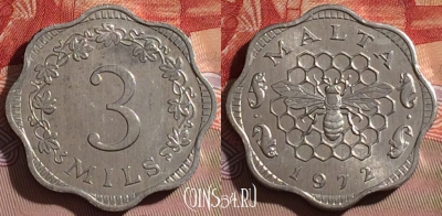 Мальта 3 милс 1972 года, KM# 6, UNC, 071d-137
