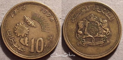 Марокко 10 сантимов 1974 год (1394), Y# 60, 87-027a