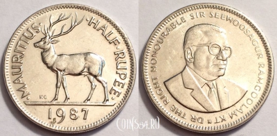 Маврикий 1/2 рупии 1987, см. состояние, 70-041b