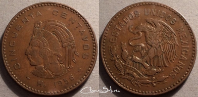 Мексика 50 сентаво 1956 года, KM# 450, 87-018b