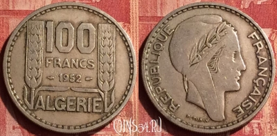 Алжир 100 франков 1952 года, KM# 93, 347o-126
