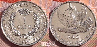 Андорра 1 сантим 1999 года, KM# 171, UNC, 272-071