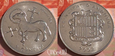 Андорра 1 сантим 2002 года, Агнец Божий, KM# 178, 272-069