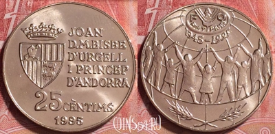 Андорра 25 сантимов 1995 года, KM# 109, UNC, 253j-062