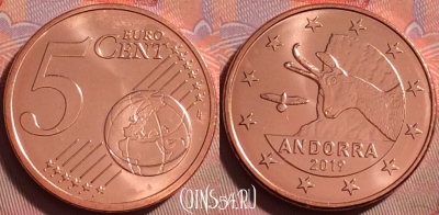 Андорра 5 евроцентов 2019 года, KM# 522, UNC, 071k-105
