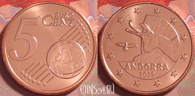Андорра 5 евроцентов 2019 года, KM# 522, UNC, 271j-046