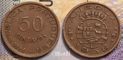Ангола 50 сентаво 1958 года, KM# 75, 152-096