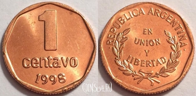 Аргентина 1 сентаво 1998 год, KM# 113a, 71-066b