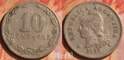 Аргентина 10 сентаво 1938 года, KM# 35, 114o-020