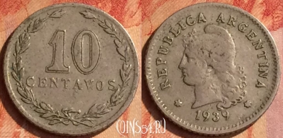 Аргентина 10 сентаво 1939 года, KM# 35, 112o-018