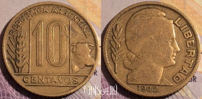 Аргентина 10 сентаво 1942 года, KM# 41, 183a-073