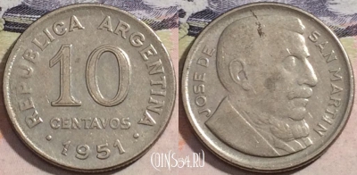 Аргентина 10 сентаво 1951 года, KM# 47, a118-025