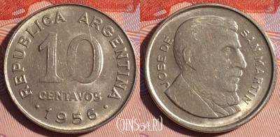 Аргентина 10 сентаво 1956 года, KM# 51, 114d-132