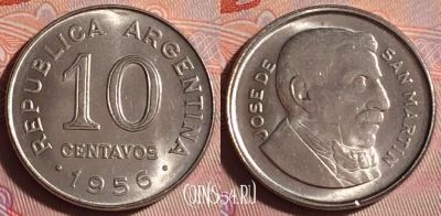 Аргентина 10 сентаво 1956 года, KM# 51, 338-015