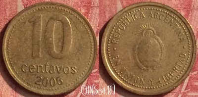 Аргентина 10 сентаво 2006 года, KM# 107, 350n-020