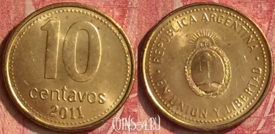Аргентина 10 сентаво 2011 года, KM# 107a, 350n-027