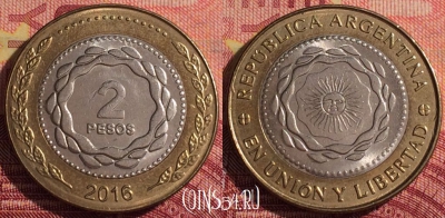 Аргентина 2 песо 2016 года, KM# 165, 296i-066