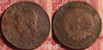 Аргентина 2 сентаво 1883 года, KM# 33, 336o-078