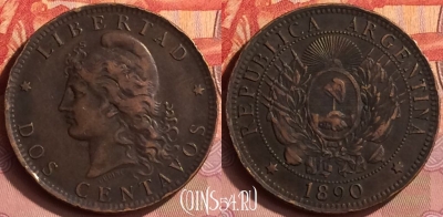 Аргентина 2 сентаво 1890 года, KM# 33, 396o-045 ♛