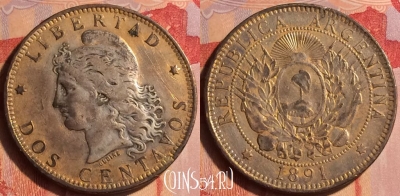 Аргентина 2 сентаво 1891 года, KM# 33, 435-136 ♛