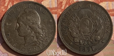 Аргентина 2 сентаво 1891 года, KM# 33, 486р-099 ♛