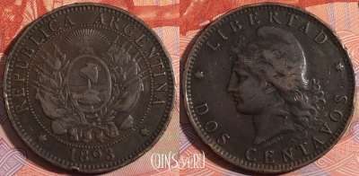 Аргентина 2 сентаво 1893 года, KM# 33, 183-019