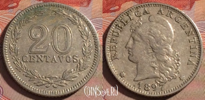 Аргентина 20 сентаво 1897 года, KM# 36, 104d-009
