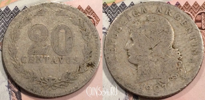 Аргентина 20 сентаво 1907 года, KM 36, редкая, 116-014