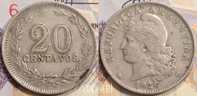Аргентина 20 сентаво 1929 года, KM# 36, 133-016