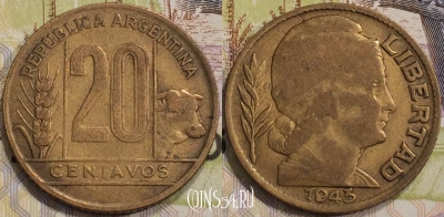 Аргентина 20 сентаво 1943 года, KM# 42, 132-076