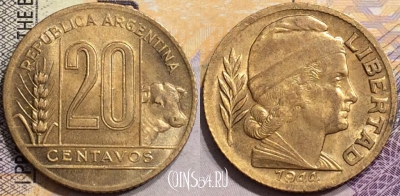 Аргентина 20 сентаво 1944 года, KM# 42, a080-054