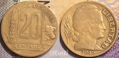 Аргентина 20 сентаво 1945 года, KM# 42, 146-119