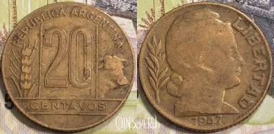 Аргентина 20 сентаво 1947 года, KM# 42, 133-018