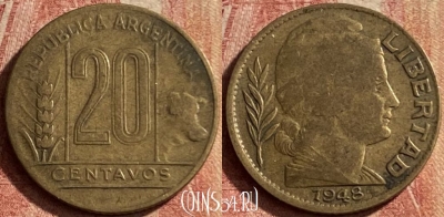 Аргентина 20 сентаво 1948 года, KM# 42, 124p-064