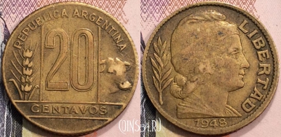 Аргентина 20 сентаво 1948 года, KM# 42, 132-044