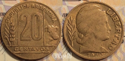 Аргентина 20 сентаво 1950 года, KM# 42, 132-085