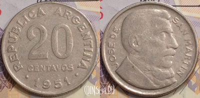 Аргентина 20 сентаво 1951 года, KM# 48, 132-142