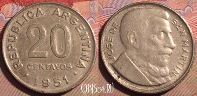 Аргентина 20 сентаво 1951 года, KM# 48, 210a-036