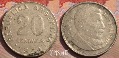 Аргентина 20 сентаво 1954 года, KM# 52, 153a-118