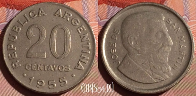 Аргентина 20 сентаво 1955 года, KM# 52, 180c-029
