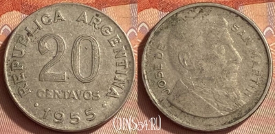 Аргентина 20 сентаво 1955 года, KM# 52, 414o-031