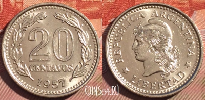 Аргентина 20 сентаво 1957 года, KM# 55, 088c-127