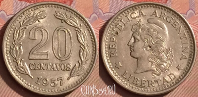 Аргентина 20 сентаво 1957 года, KM# 55, 100l-118