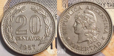 Аргентина 20 сентаво 1957 года, KM# 55, 132-079