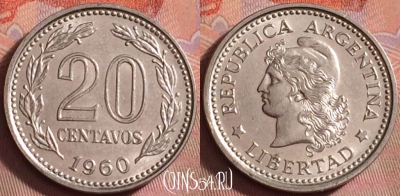 Аргентина 20 сентаво 1960 года, KM# 55, UNC, 173k-059