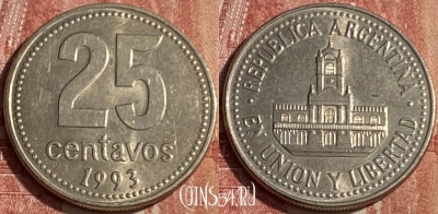 Аргентина 25 сентаво 1993 года, KM# 110a, 182q-101