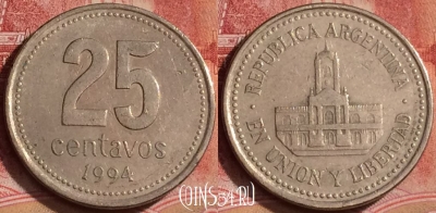 Аргентина 25 сентаво 1994 года, KM# 110a, 392-008